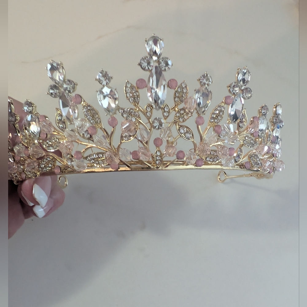 Elegant Gold and Pink Crystal Tiara
